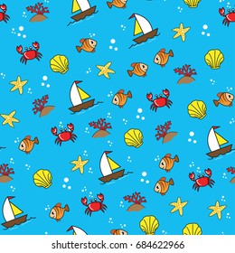 Seamless patten with summer Fish shell ship. vector illustration