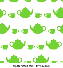 Seamless patten with teapot and mug silhouettes. Background iinimalistic icons on a white background. Simple logo backdrop. Isolated. Vector illustration.