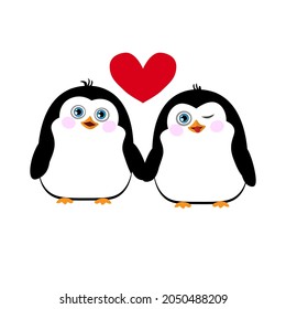 Seamless patten. Two cute penguins in love and holding hands, isolated on a white background.  Cute vector illustration with baby penguins.