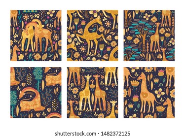 Seamless patten vector set with cute hand drawn ornate giraffes in scandinavian style. Africa animal background collection. Summer safari fashion flat giraffe illustrations.