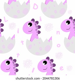 Seamless pattens of little dinosaur. Patterns of a charming pink baby dinosaur on a white background for children.