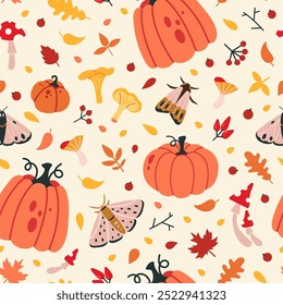 Seamless patter with autumn vibes, pumpkins, mushrooms, harvest, yellow leaves and moths. Trendy modern vector illustration on light background, hand drawn, flat