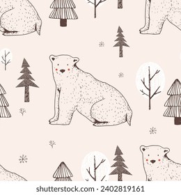 Seamless patter with bear in winter forest. Hand drawn vector illustration.