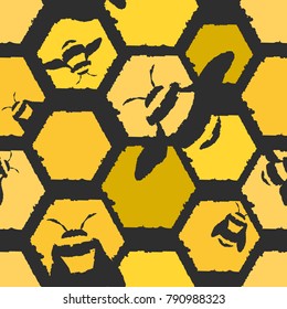 Seamless patter of bees and honeycombs with dark grey background using negative space and ragged effect