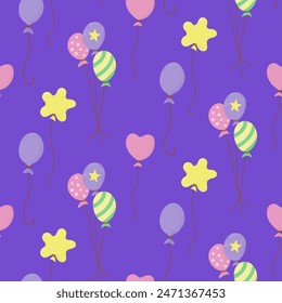 Seamless patter with birthday balloons in pastel colors. Vector flat holiday illustration for birthday party on pink background. Perfect for wrapping, wallpaper, kids textile, background
