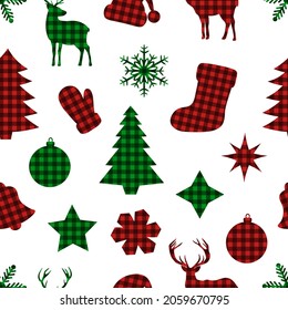 Seamless patter Christmas elements buffalo plaid vector illustration