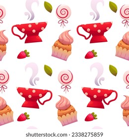 Seamless Patter with Coffee Cup, Pastries, Candies, Cupcake and Strawberry. Vector Background for Textile, Packaging, Decor, Wrapping,  Cafeteria and Shop.