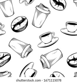un juego de café sin fisuras. taza de papel y taza de café clásica con frijoles. ilustración vectorial dibujada a mano con estilo de tinta, gráfico o dibujo.