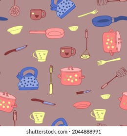 seamless patter with colored dishes - pots. kettle, forks, knives. On a lilac background.