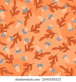 Seamless patter of colorful acorns delicately intertwined with oak leaves on a lively orange background, Ideal for seasonal fabric, textiles, clothing, wrapping paper, cover, banner, home decor