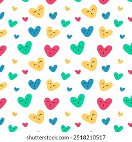 Seamless patter with colorful hearts.Cute heart repeat pattern isolated on white.Vector graphic illustration background wallpaper.