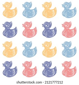 Seamless patter of colorful little ducklings. Cartoon character drawn in doodle style. Design for baby clothes, posters, postcards