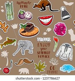 Seamless patter with colorful stickers set. Exotic animals, tasty food and summer travel concept. Vector illustration