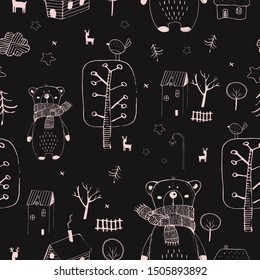 Seamless patter with cute bear, huts, dears and birds. Hand drawn vector illustration.