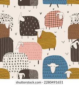 Seamless patter with cute sheep. Hand drawn vector illustration.