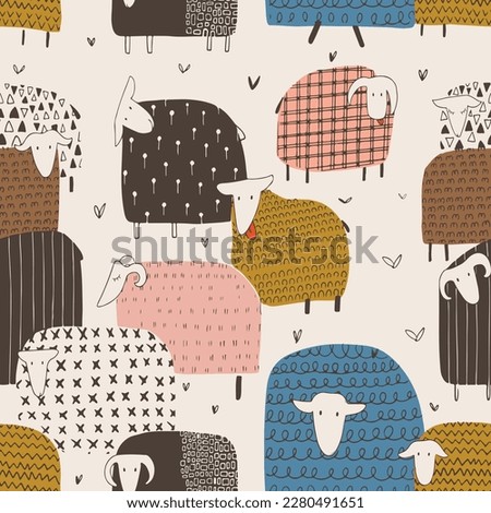 Seamless patter with cute sheep. Hand drawn vector illustration.
