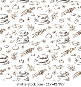 Seamless patter with hand drawn spa elements. Sketch style for business. Vector illustration with spa treatment.