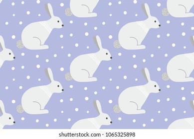 Seamless patter with hares and snow. Vector illustartio in scandinavian style for your design.