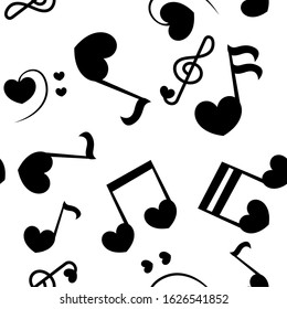 Seamless patter with love music - notes with hearts. Do, re, mi, fa, sol, la, si, clef - sign of music. 