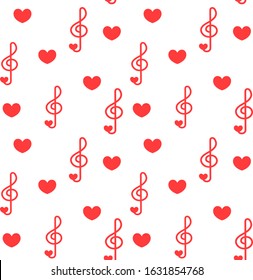 Seamless patter with love music - notes with hearts. Do, re, mi, fa, sol, la, si, clef - sign of music. 