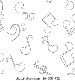 Seamless patter with love music - notes with hearts. Do, re, mi, fa, sol, la, si, clef - sign of music. 