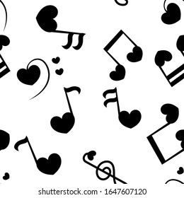 Seamless patter with love music - notes with hearts. Do, re, mi, fa, sol, la, si, clef - sign of music. 