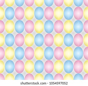 Seamless patter made of pastel colored oval abstract geometry shapes in blue, pink, yellow on light grey background, Easter egg imitation