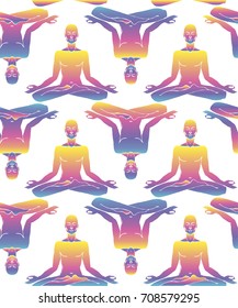 Seamless patter of man in meditation Vector illustration. Colorful background with man body in yoga asana. Chakra meditation
