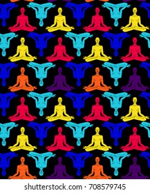 Seamless patter of man in meditation Vector illustration. Colorful background with man body in yoga asana. Chakra meditation