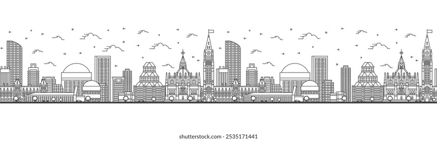 Padrão sem costura com contorno Ottawa Canada City Skyline com edifícios modernos isolados em branco. Ilustração de vetor. Ottawa Cityscape com pontos de referência. 