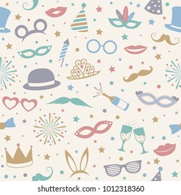 Seamless patter with party icons. Carnival, photo booth and birthday party. Vector.