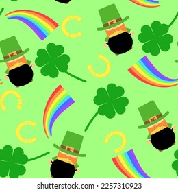 Seamless patter for Patrick's day. Pattern with leprechaun, cauldron, rainbow, horseshoe and shamrock. Vector illustration.