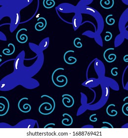 Seamless patter pattern of blue whales. Design for fabric, wallpaper, wrapping paper.
