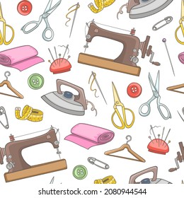 Seamless patter with sewing and needlework tools and accessories. Hand drawn vector background