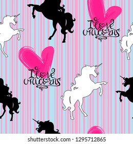 Seamless patter: silhouettes of unicorns (white and black) with lettering on a striped pink and blue background. Suitable for covers, wallpapers, textiles.