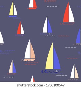 Seamless patter with stylized sailboats and sea wave. Vector illustration.