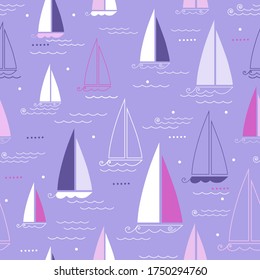 Seamless patter with stylized sailboats and sea wave. Vector illustration.