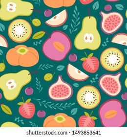 Seamless patter with summer fruits on bright blue background