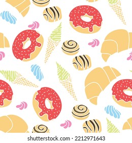 Seamless patter with sweet and deserts donut, croissant, ice cream, candy and cream. Vector illustration.