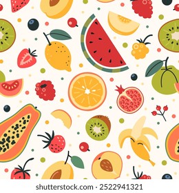 Padrão sem costura com fruta tropical sobre fundo claro. Alimentação saudável e comida fresca. Moderna ilustração vetorial, desenhada à mão, plana