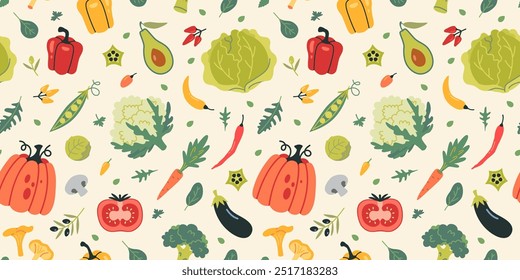 Seamless patter with Vegetables on light background. Healthy eating, fresh food and farm products. Trendy modern vector illustration, hand drawn, flat