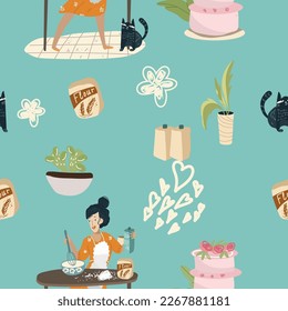 Seamless patter, wrapping paper on the theme of hobby, leisure, girl, woman cooks, bakes sweets, cakes in a home atmosphere, cartoon characters vector illustration. Relaxing pleasant household chores,