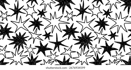 Patrón sin fisuras con crayón dibujado a mano o estrellas de tiza. Lápiz texturizado en blanco y negro doodle print. Funky childish sketch estrellas. Impresión moderna para la materia textil, tela, Fondo de pantalla, envoltura