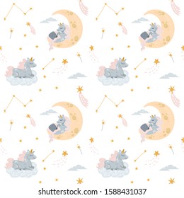 Seamless patterin with cute unicorns napping at moon on cloud with closed eyes. Miracle horse sleeping. Fairy tale creature dreaming. Baby unicorn for cotton clothing, wallpaper design in pastel color