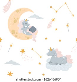 Seamless patterin with cute unicorns napping at moon on cloud with closed eyes. Miracle horse sleeping. Fairy tale creature dreaming. Baby unicorn for cotton clothing, wallpaper design in pastel color