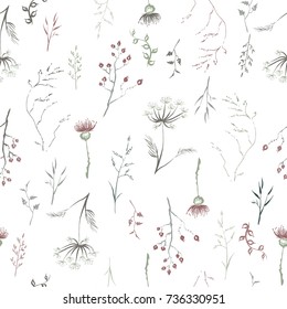 Seamless patterm based on color hand painted ink leaves, flowers and herbs with rosehip, thistle and dill. Great for seasonal greeting cards. Artwork for your design.