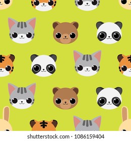 Seamless patterm with cute cartoon animal faces: rabbit, tiger, bear, panda and cat on yellow-green background