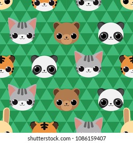 Seamless patterm with cute cartoon animal faces: rabbit, tiger, bear, panda and cat on green triangular background