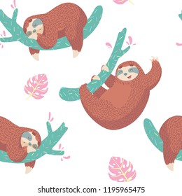 seamless patterm with cute cartoon sloth and tropical leaves.wrapping paper desing for childrens