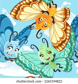 Seamless patterm with cute little Butterfly on a blue sky background